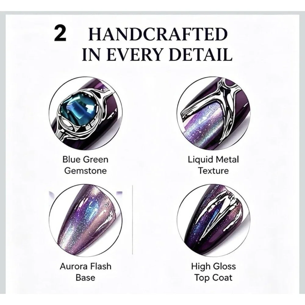 Handmade Purple Chrome Press On Nails Medium Almond Teal Gems 10Pc Reusable